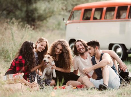 a group of young friends with a dog sitting on grass on a roadtrip through countryside .jpg